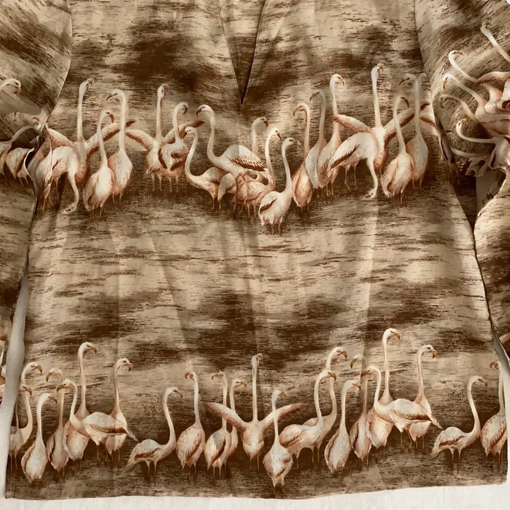{VTG} Alex Colman Sportswear | 70s Flamingo Print Lightweight LS Pullover Blouse - Picture 6 of 16
